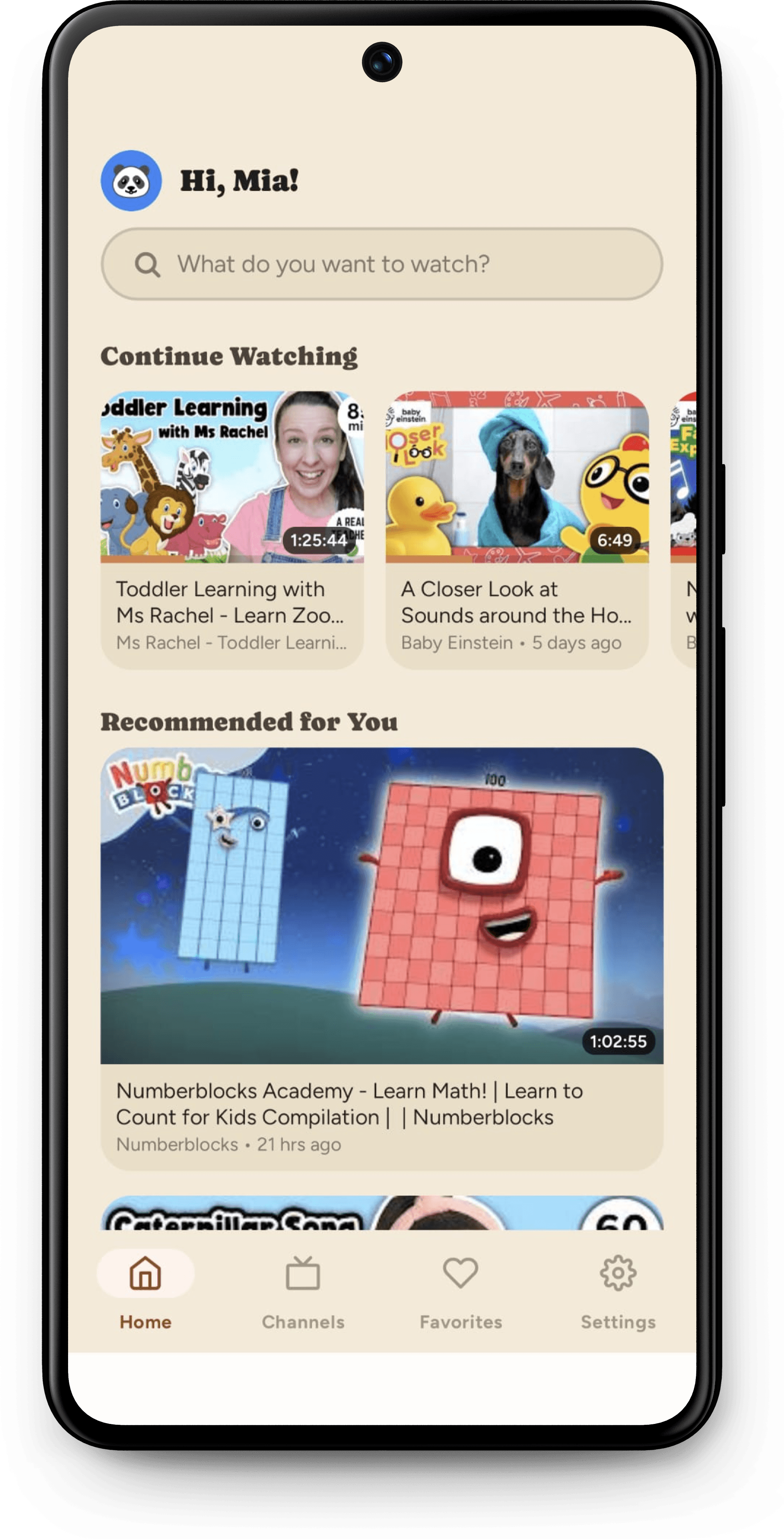 The Pikolo AI kids app home screen on Android, showing Continue Watching and Recommended for You