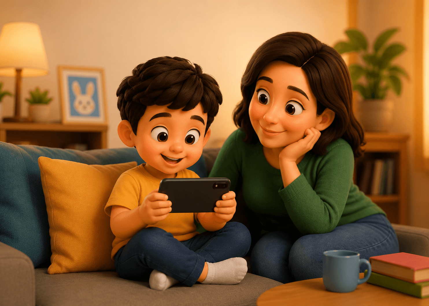 A child happily watching parent-approved videos on a phone, sitting next to their mom